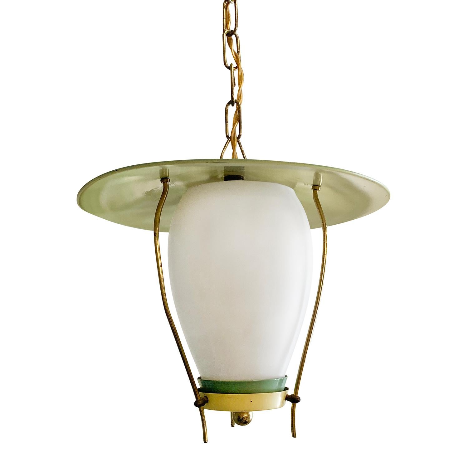 Mid-Century Modern 20th Century Green Italian Hanging Brass Lantern, Ceiling Light by Stilnovo