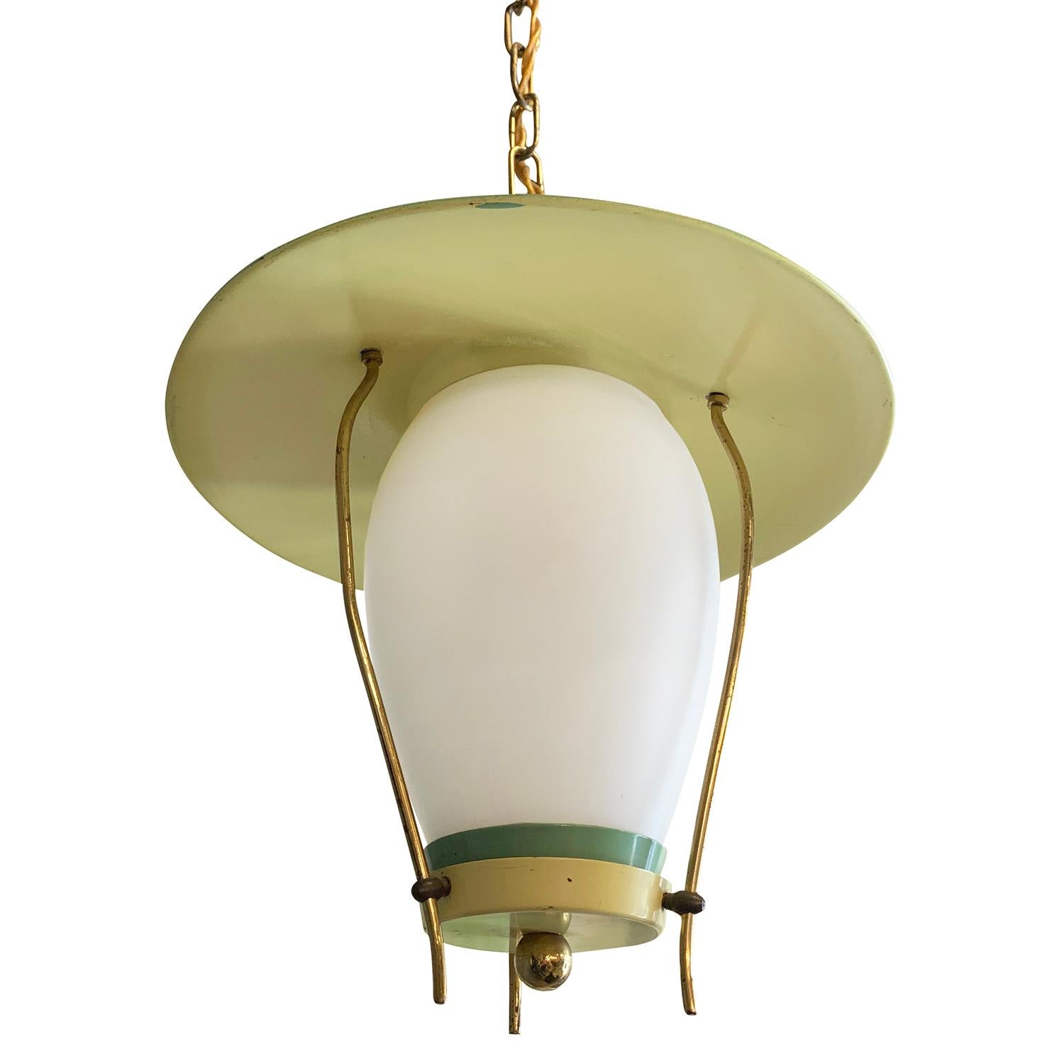 Frosted 20th Century Green Italian Hanging Brass Lantern, Ceiling Light by Stilnovo