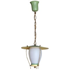 20th Century Green Italian Hanging Brass Lantern, Ceiling Light by Stilnovo