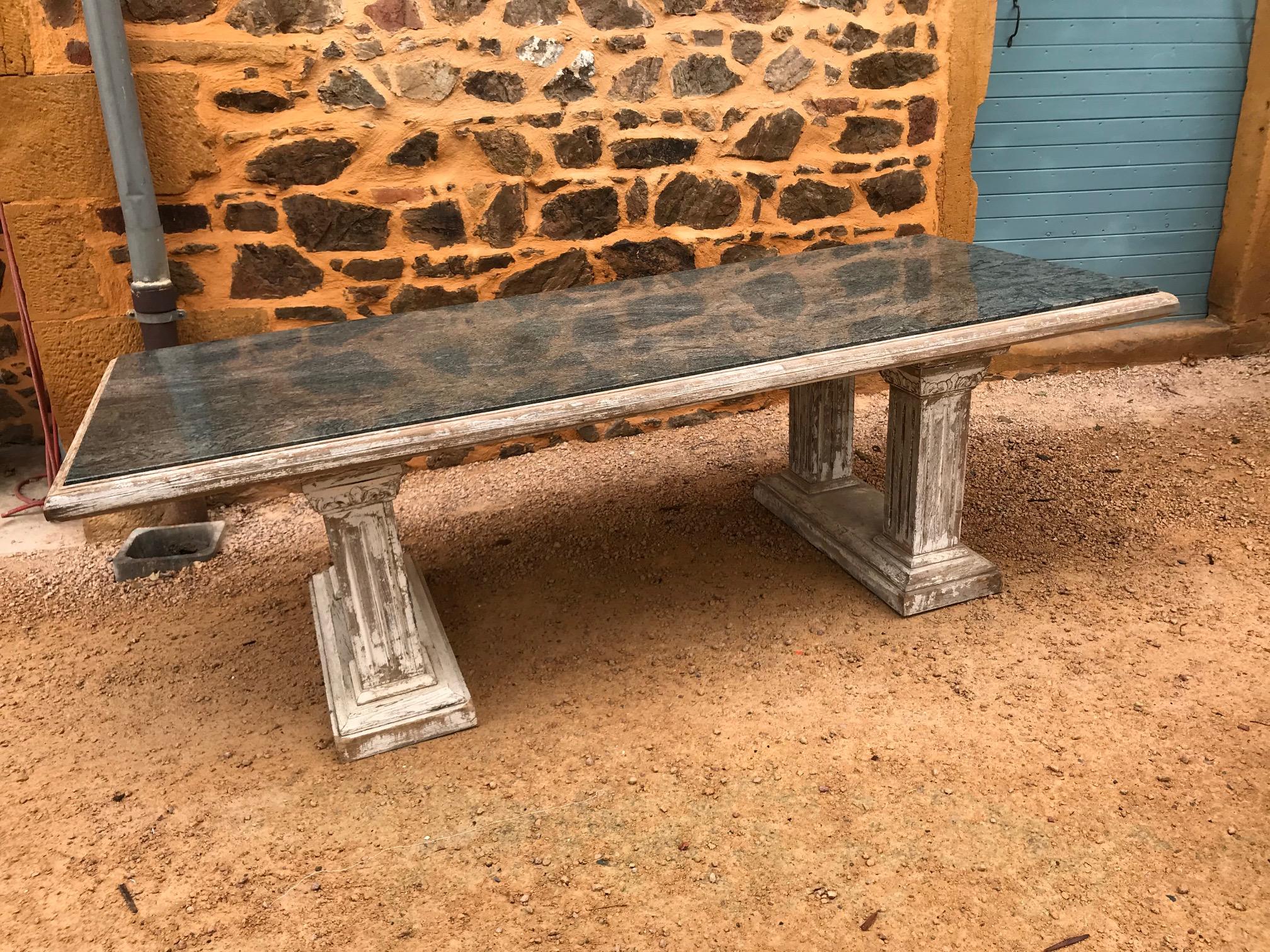 Beautiful 20th century Italian green marble and limed white wood table from the 1950s.
Made in three parts:
Two wooden bases, one wooden top and the marble top to put in the wooden top.
Very good quality. Table ideal for 8-10 people.