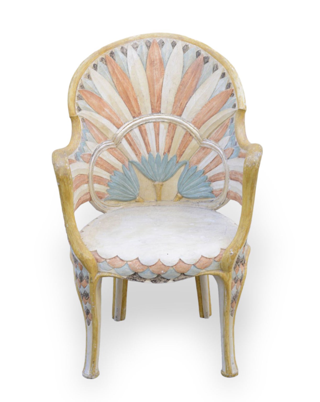 Early 20th century French exquisite and beautifully hand carved and colourfully hand painted armchair in its authentic condition. 
France, circa 1910.