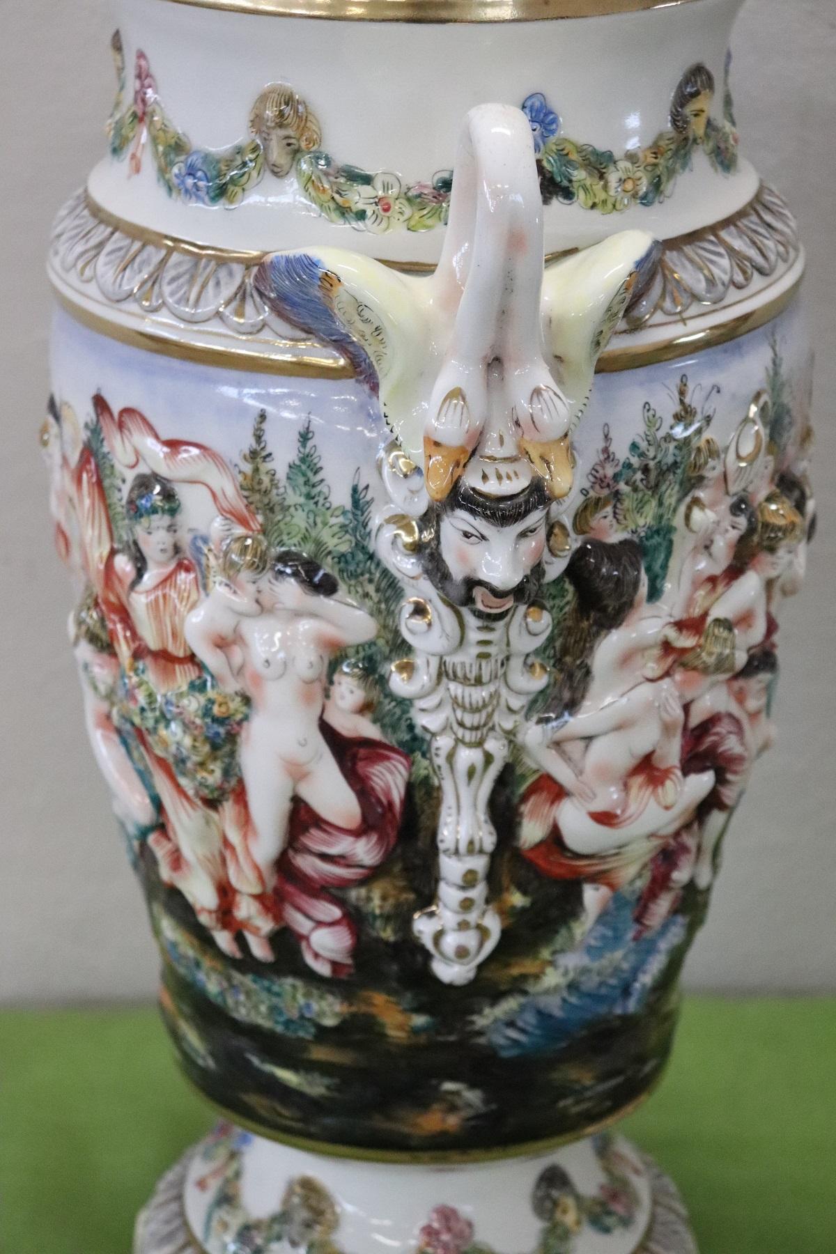 20th Century Italian Hand Painted Ceramic Vase with Column by Capodimonte 3
