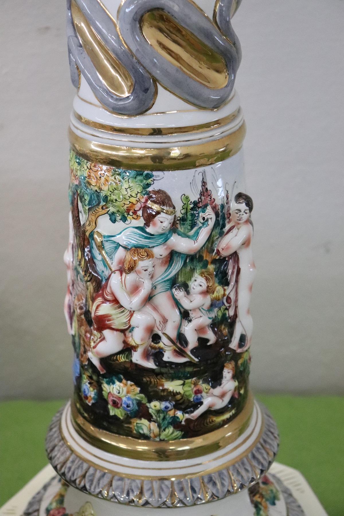 20th Century Italian Hand Painted Ceramic Vase with Column by Capodimonte 6
