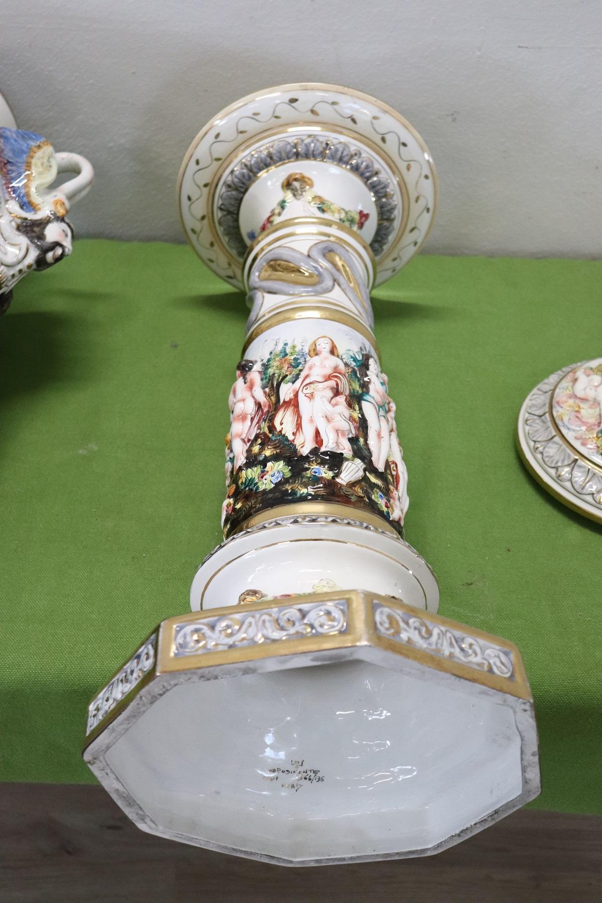 20th Century Italian Hand Painted Ceramic Vase with Column by Capodimonte 9