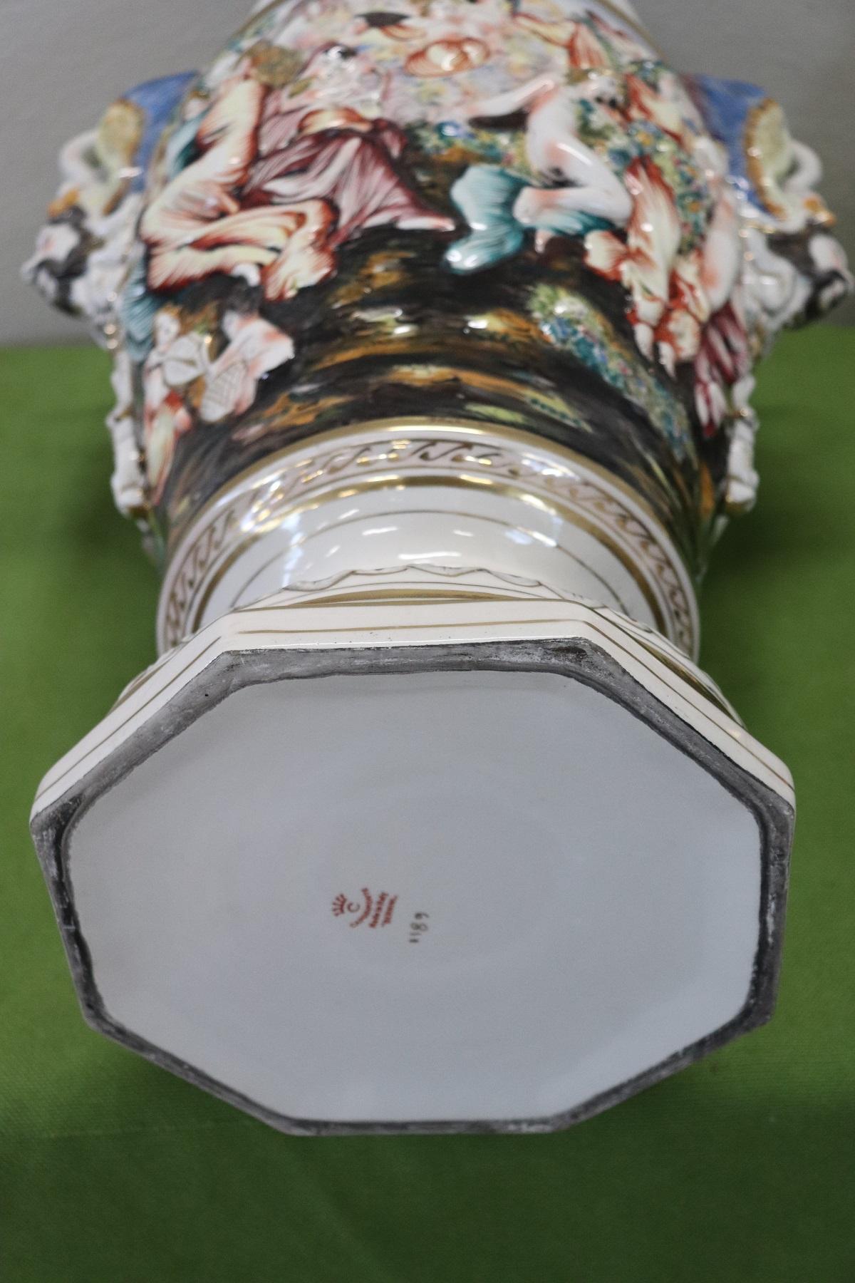 20th Century Italian Hand Painted Ceramic Vase with Column by Capodimonte 12