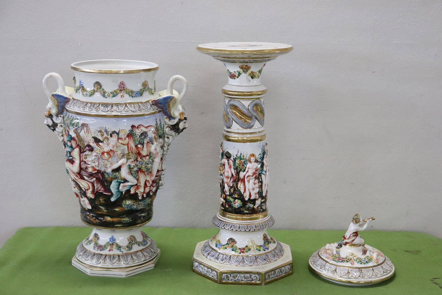 French 20th Century Italian Hand Painted Ceramic Vase with Column by Capodimonte
