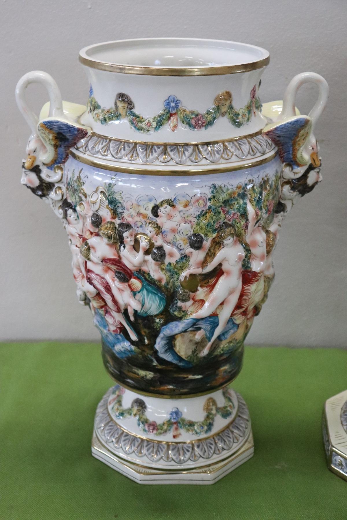 Mid-20th Century 20th Century Italian Hand Painted Ceramic Vase with Column by Capodimonte