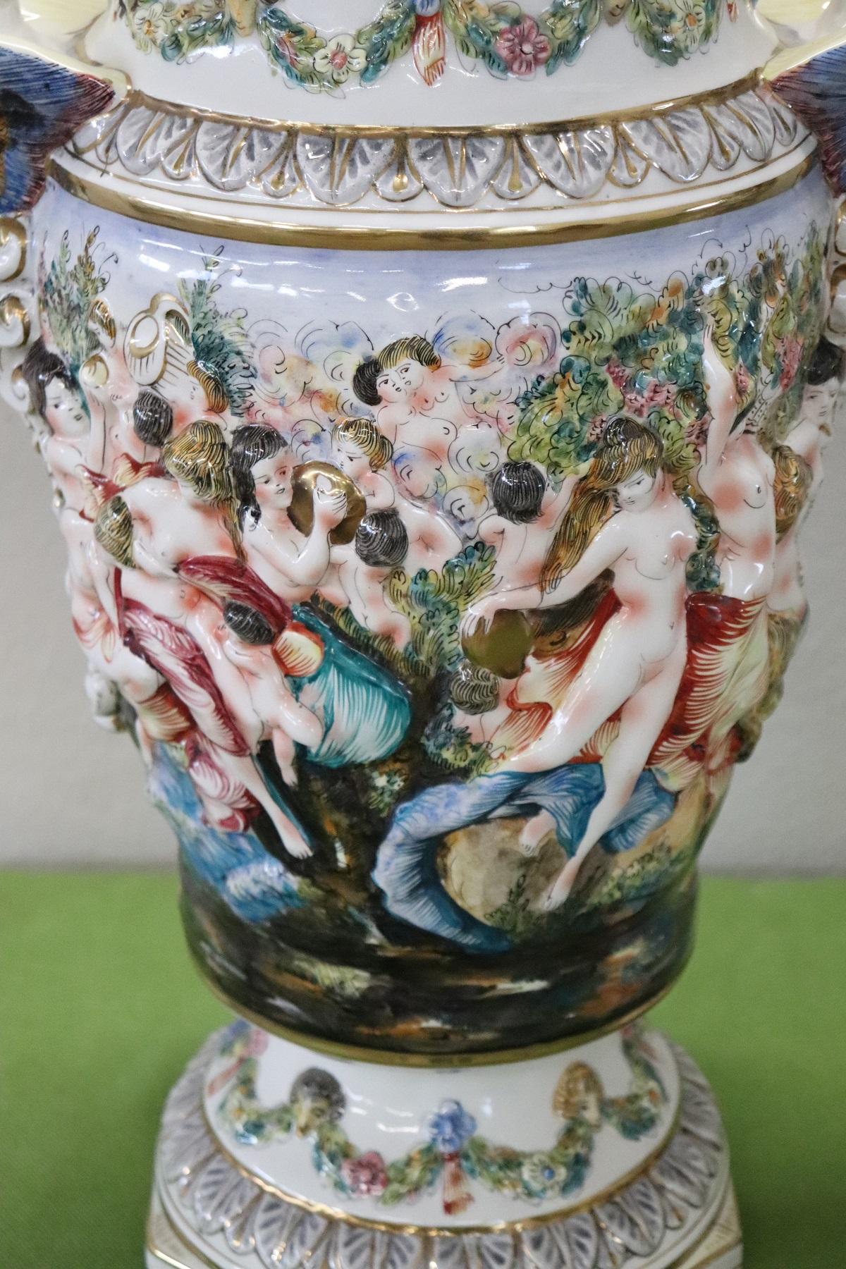 20th Century Italian Hand Painted Ceramic Vase with Column by Capodimonte 1