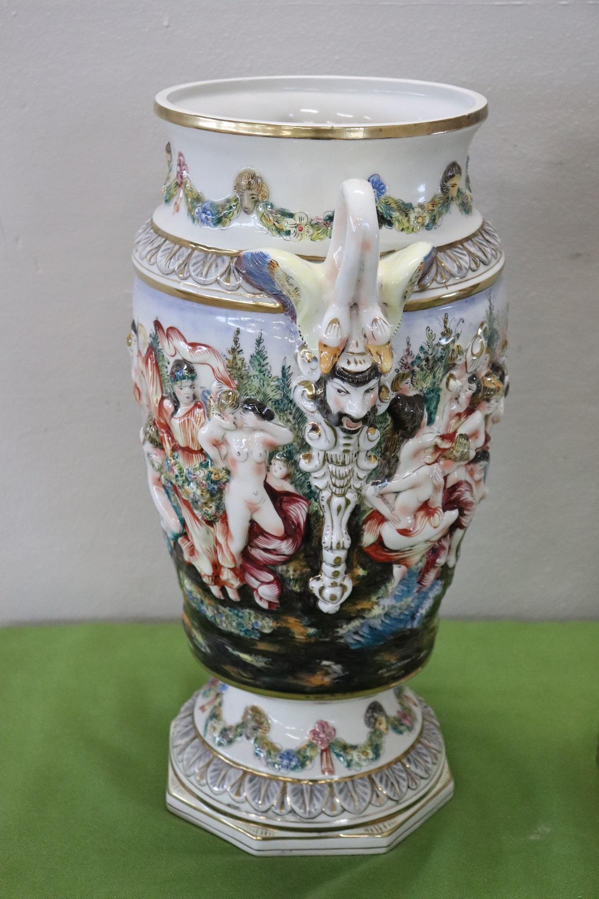 20th Century Italian Hand Painted Ceramic Vase with Column by Capodimonte 2