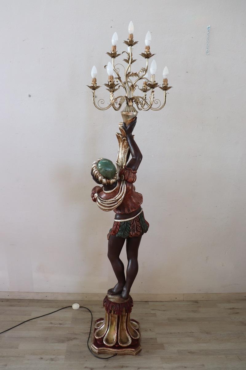 20th Century Italian Hand Painted Wood Venetian Moor Floor Lamp with 10 Bulbs 8