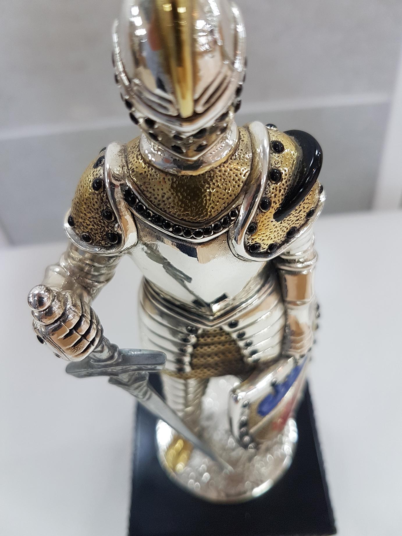 20th Century Italian in Enameled Sterling Silver Armor on Wood Decorated Base For Sale 1