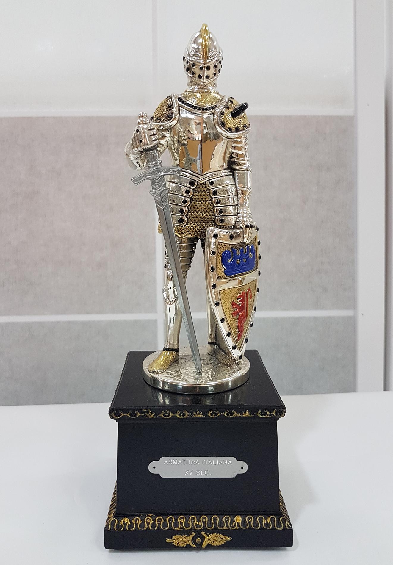 20th Century Italian in Enameled Sterling Silver Armor on Wood Decorated Base For Sale 2