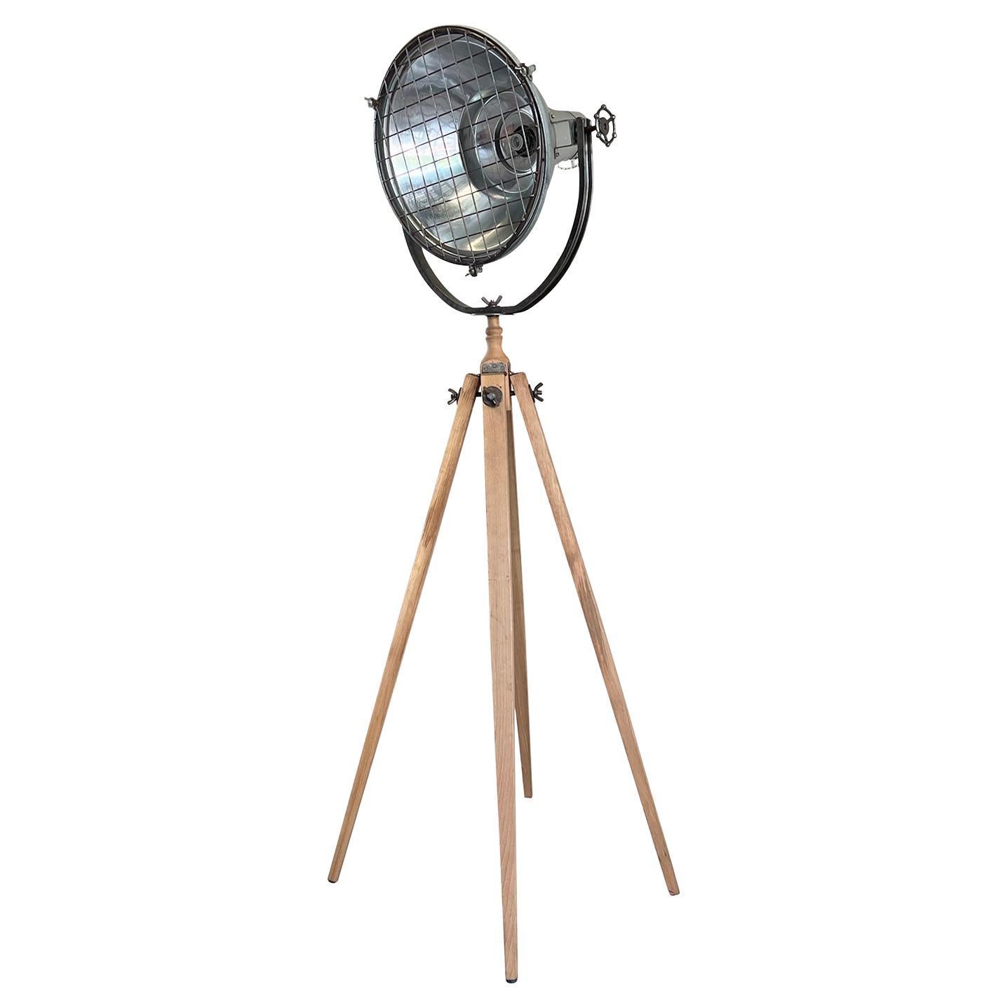 20th Century Italian Industrial Style Metal Spotlight - Theatre Pine Floor Light