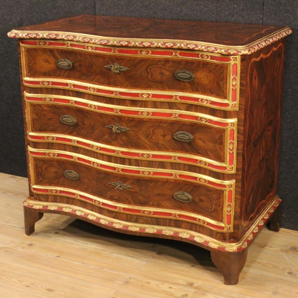 Brass 20th Century Inlaid and Painted Wood Genoese Chest of Drawers, 1950 For Sale