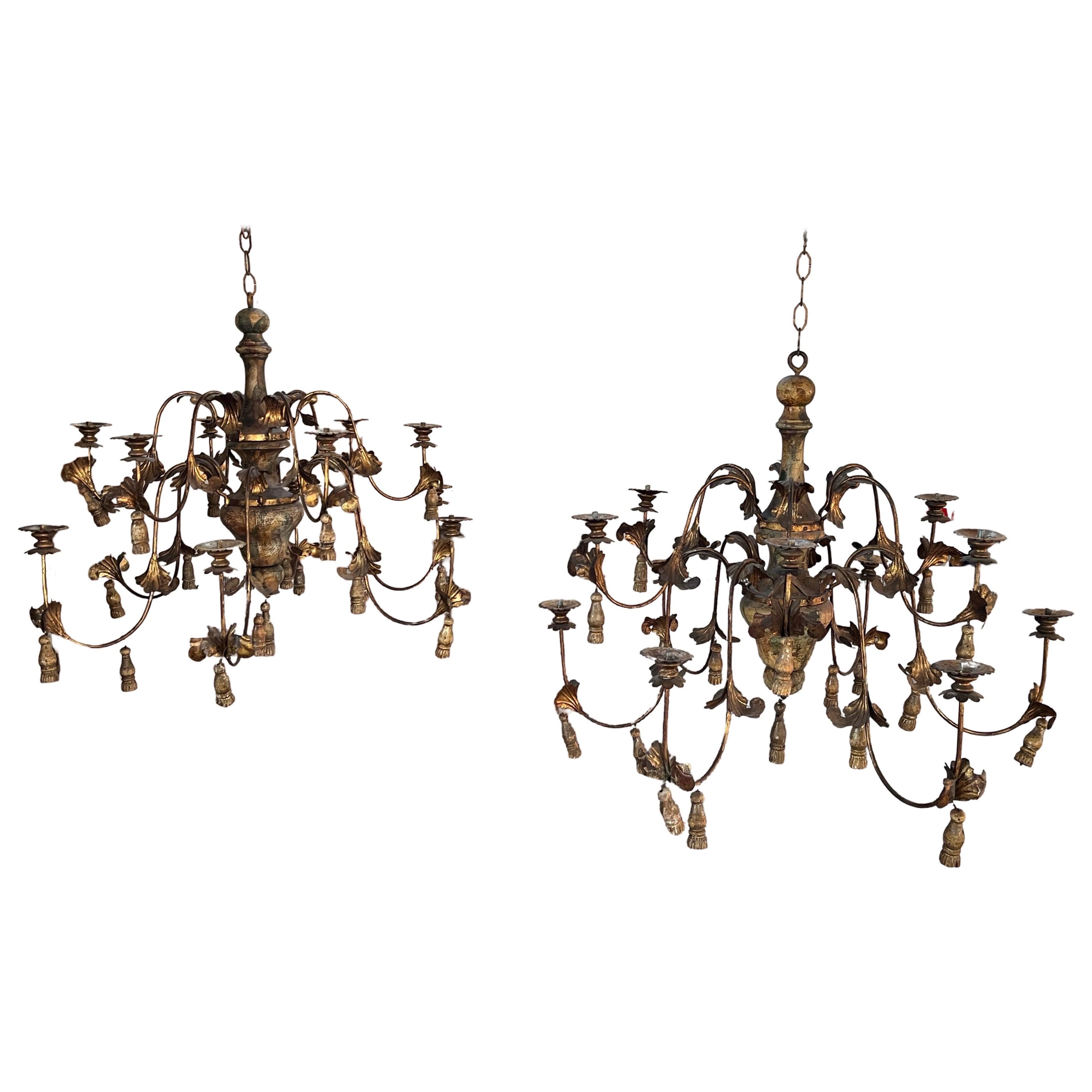 20th Century Italian Iron and Wood Pair of Chandeliers