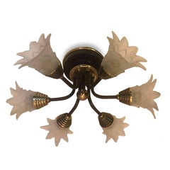 Plafoniera Fiorentina a Sei Luci in Ferro e Fiori in Vetro Murano di Banci