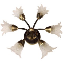 20th Century Italian Iron Ceiling Fixture with Glass Flower Shades by Banci