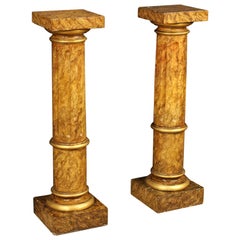 20th Century Italian Lacquered and Gilded Faux Marble Wood Pair of Columns, 1920