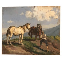 20th Century Italian Landscape with Horses and Farmer Signed Pajetta