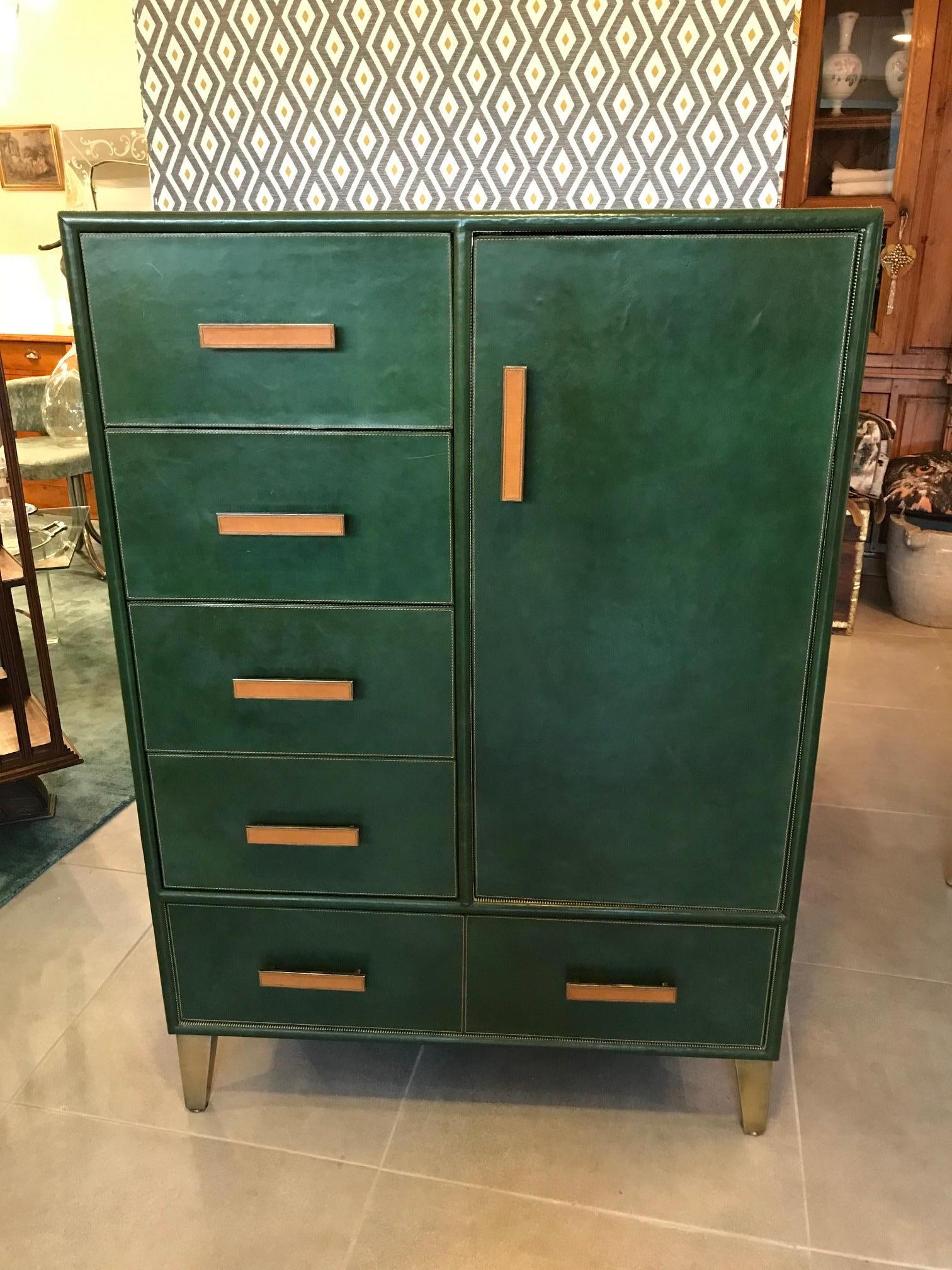 20th Century Italian Leather and Brass Chest of Drawers, 1980s In Good Condition In LEGNY, FR