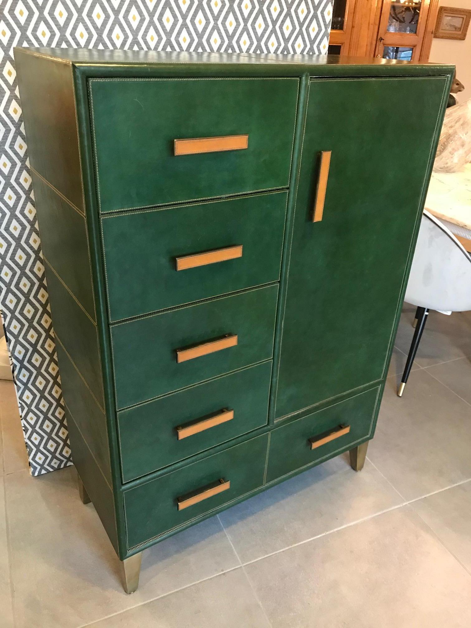 Late 20th Century 20th Century Italian Leather and Brass Chest of Drawers, 1980s