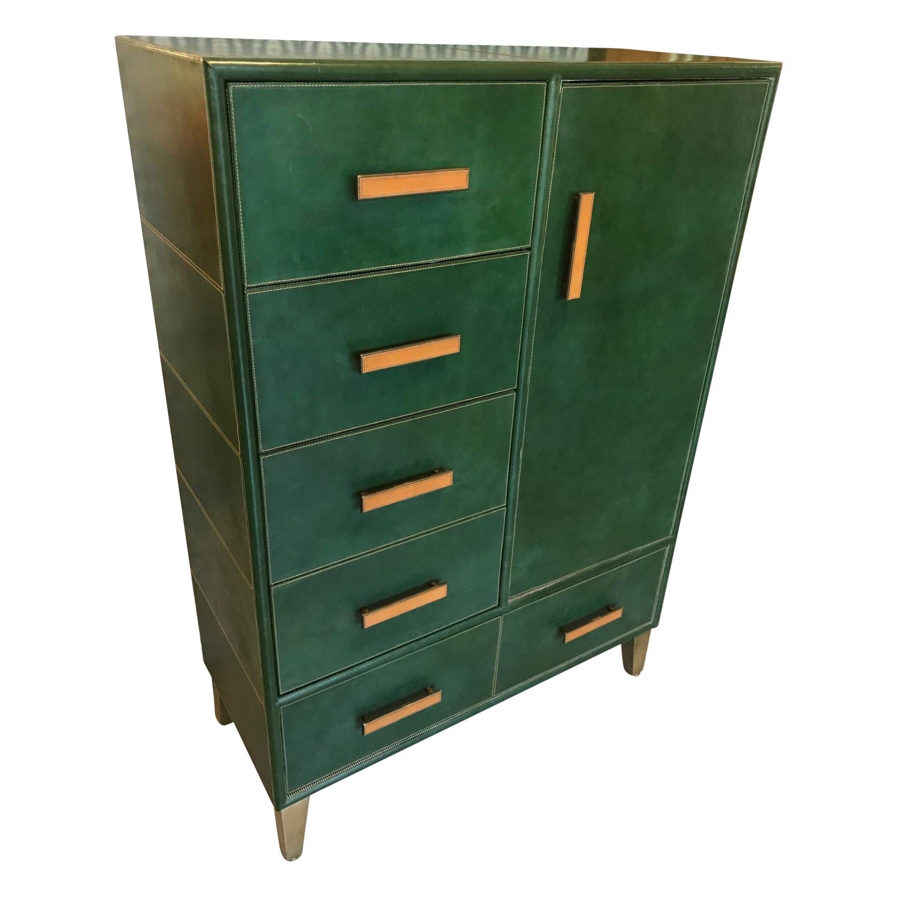 20th Century Italian Leather and Brass Chest of Drawers, 1980s