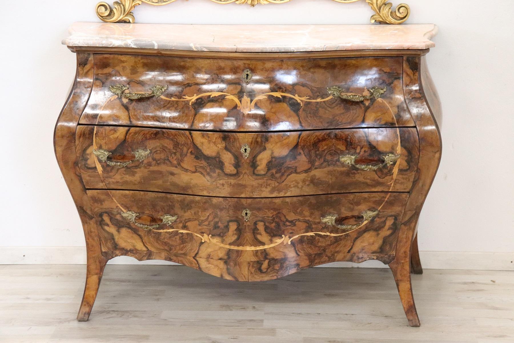 20th Century Italian Louis XV Style Gilded and Inlaid Walnut Bombay