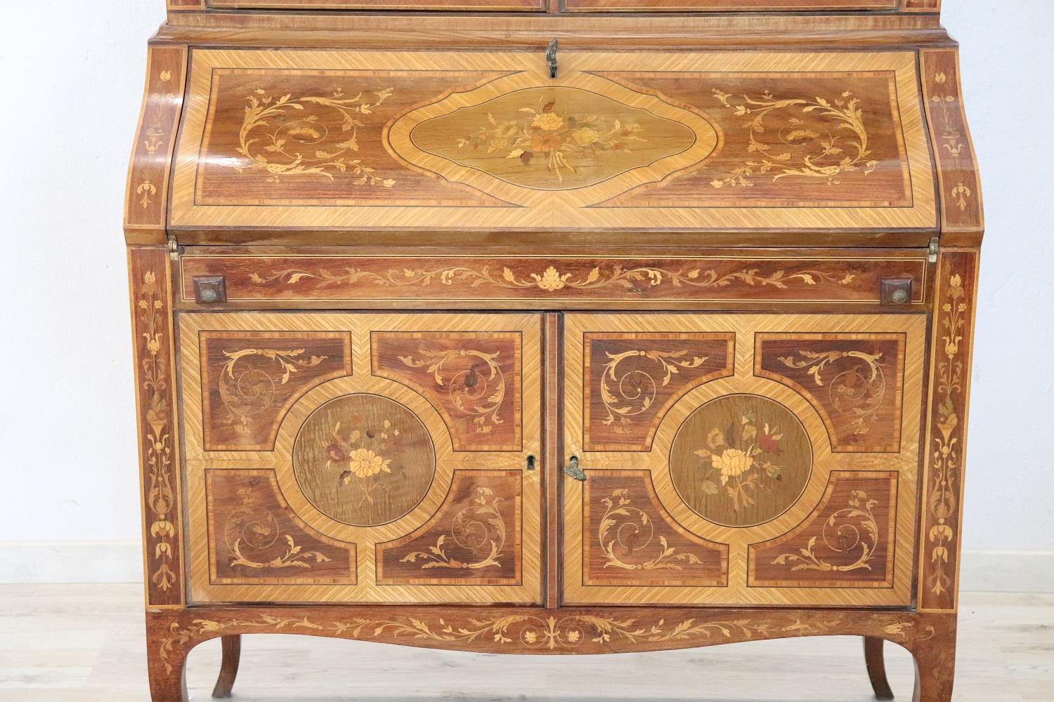 Inlay 20th Century Italian Louis XV Style Inlaid Walnut Cabinet with Writing Desk For Sale