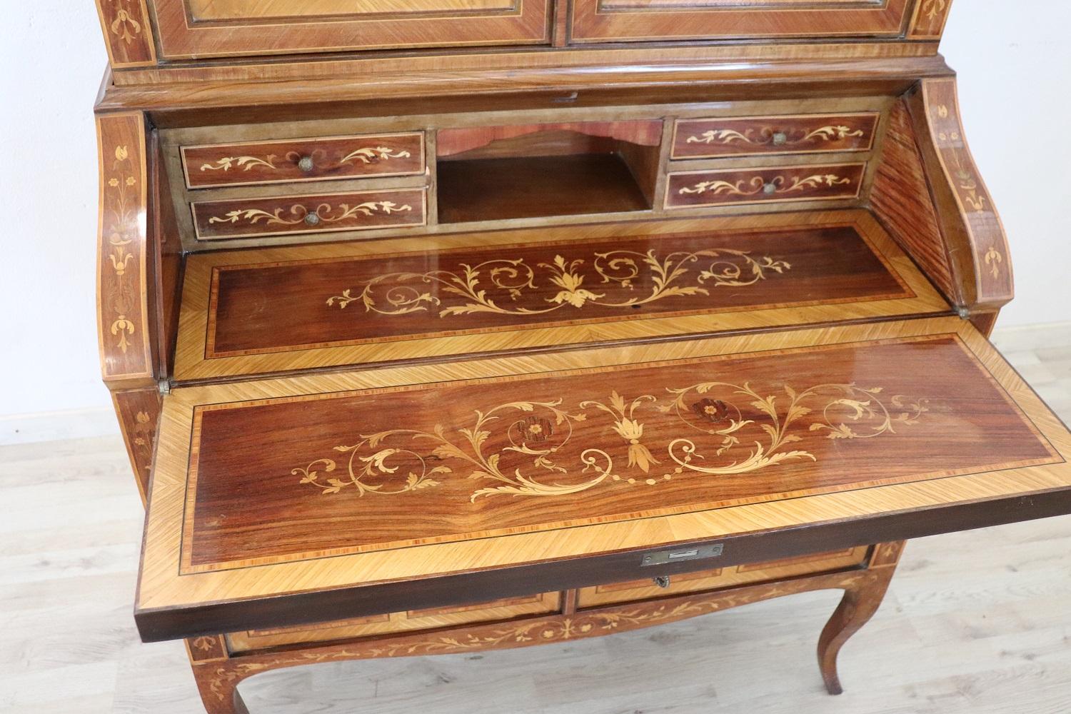 20th Century Italian Louis XV Style Inlaid Walnut Cabinet with Writing Desk For Sale 1