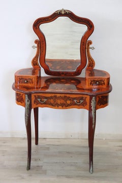 20th Century Italian Louis XV Style Inlay Wood Dressing Table with Stool