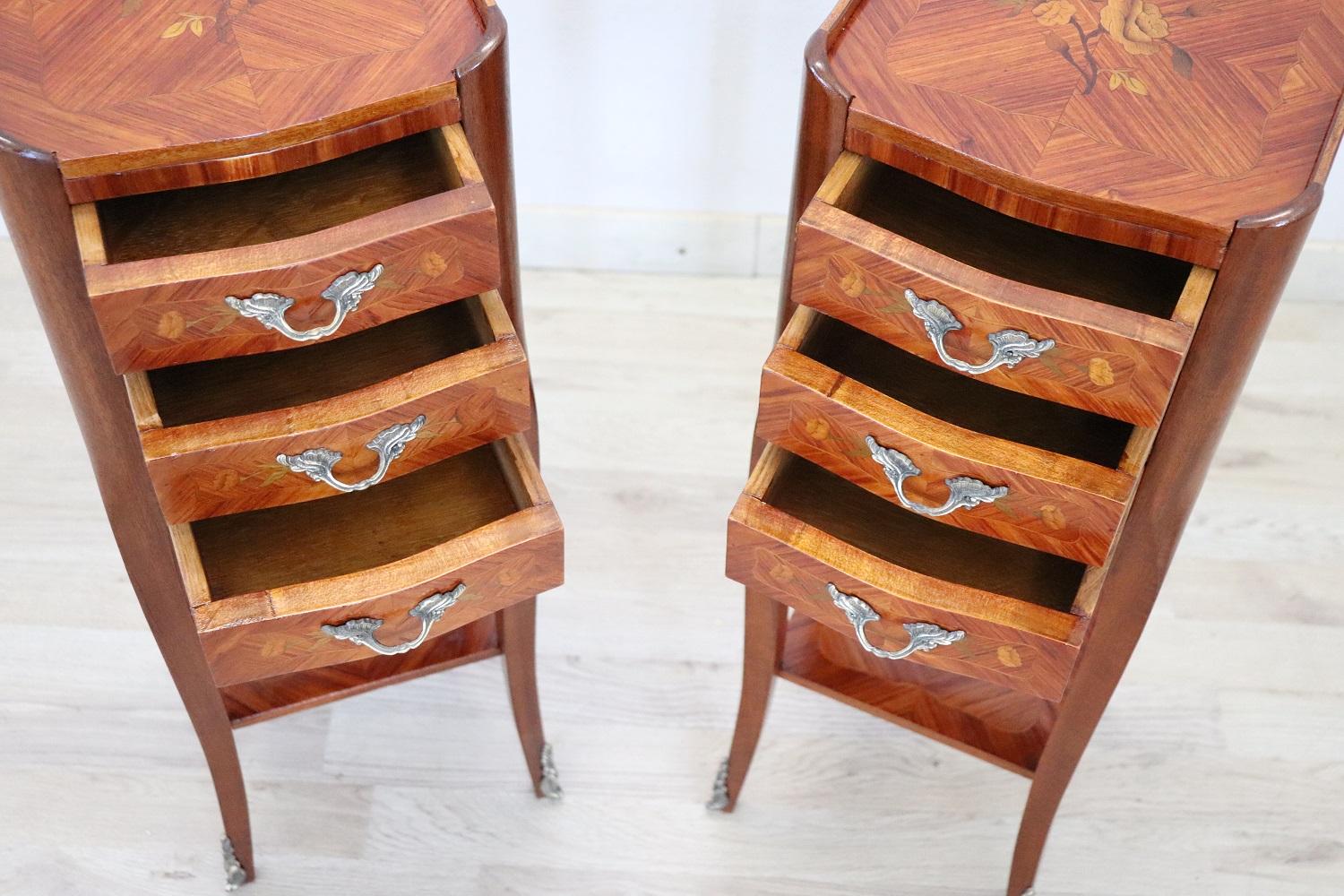 20th Century Italian Louis XV Style Inlay Wood Pair of Nightstands 2