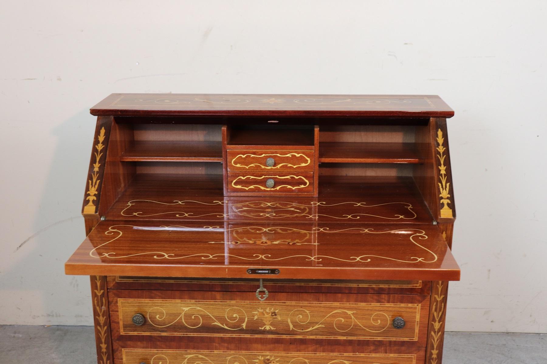 Wood 20th Century Italian Louis XVI Inlay Rosewood Chest of Drawers with Secretaire