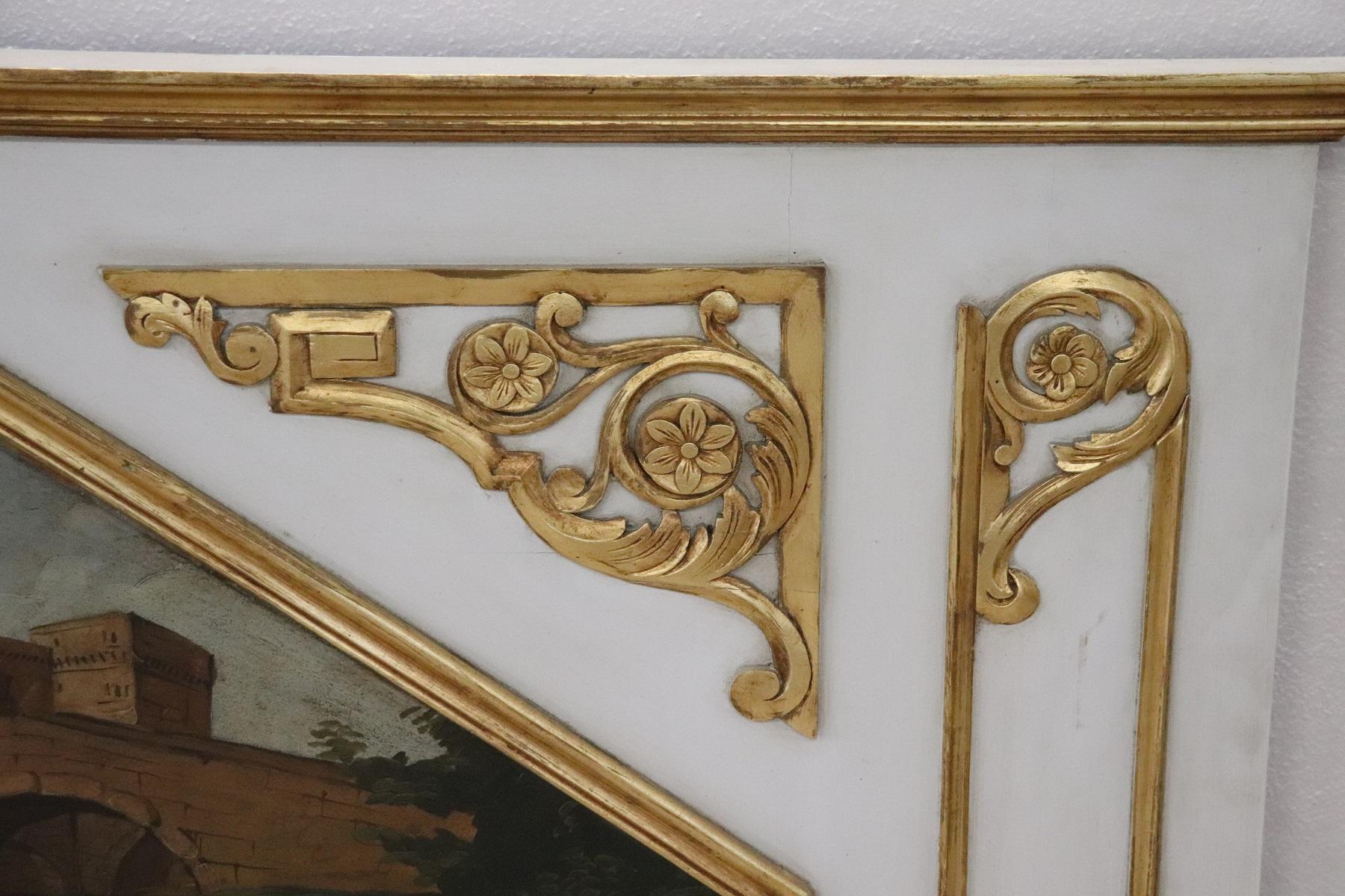 Carved 20th Century, Italian Louis XVI Style Wood Lacquered and Gilded Fireplace Mirror