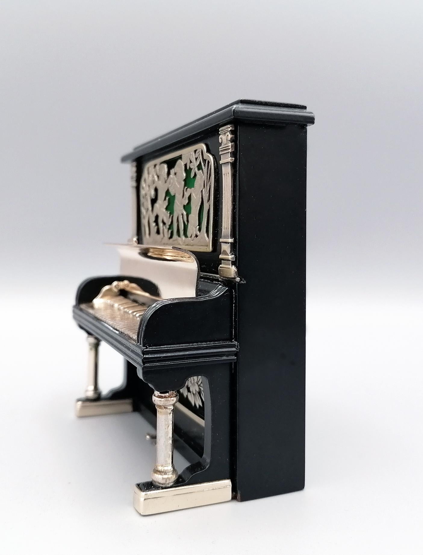 Engraved 20th Century Italian Miniature Mahogany Piano Sterling Silver Details For Sale