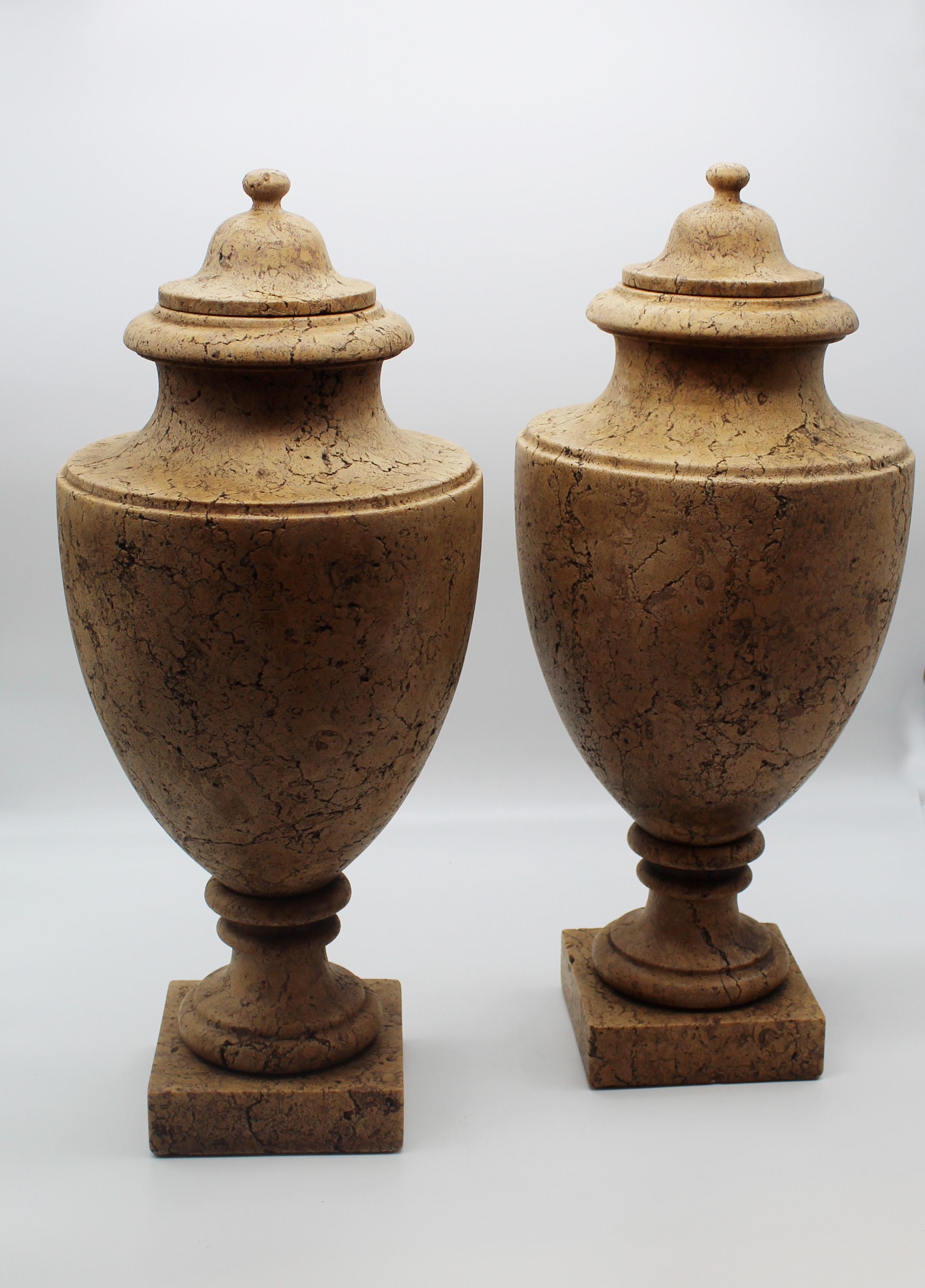 A very impressive pair of neoclassical vases made in Broccatello of Spain marble, one of the most exotic and precious marbles used by ancient times by romans for the high levels decorations elements and artworks. Used also during the renaissance and