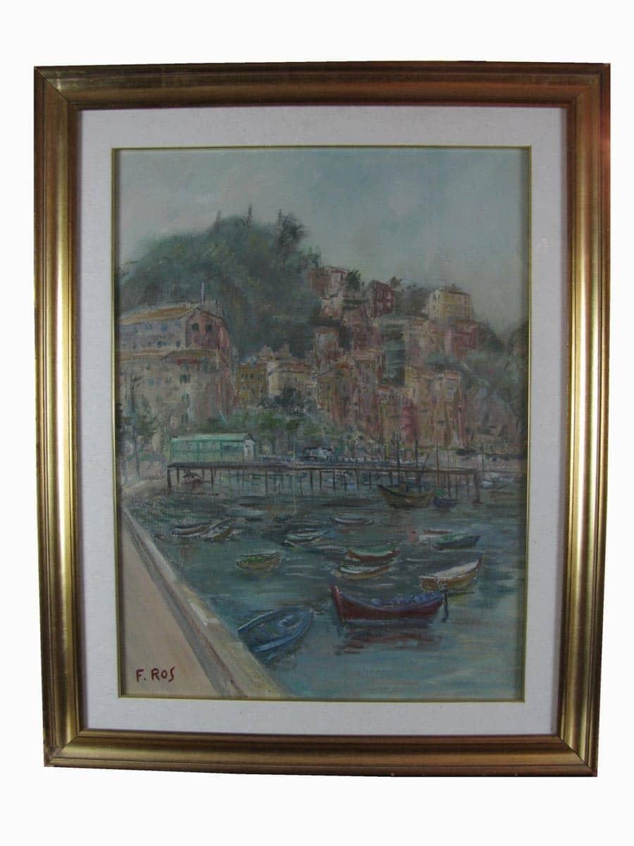 Hand-Painted 20th Century Italian Marine Landscape of Camogli Near Genoa by Ros