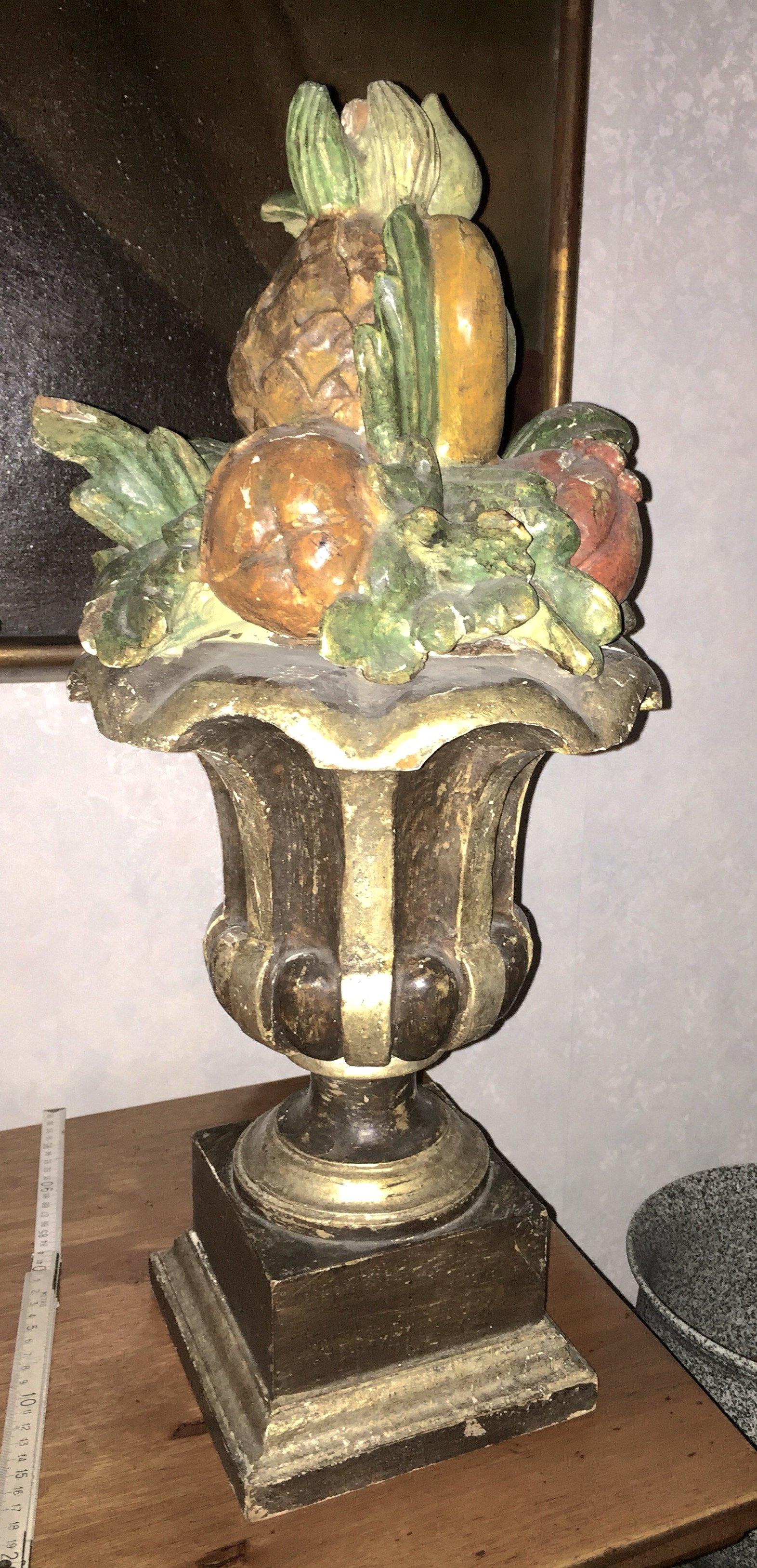 Extremely decorative Italian vase with hand carved fruit, a Renaissance Revival style polychrome fruits and leaves on silvered center vase standing on stepped squared basement measuring 18 by 18 cm.

Manufactured by Bartolozzi & Maioli in Firenze