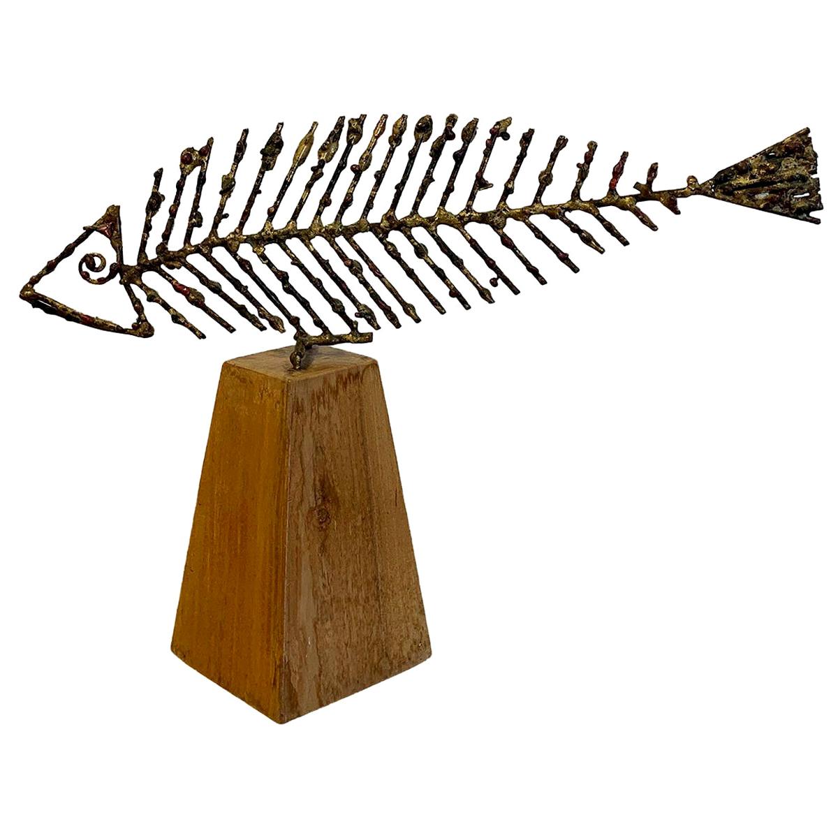 20th Century Italian Metal Sculpture, Fish on a Wood Base by Marcello Fantoni