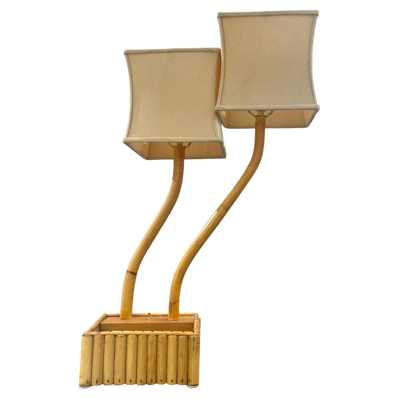 Italienische doppelarmige Bambus-Tischlampe, Mid-Century Modern, 20. Jahrhundert im Angebot