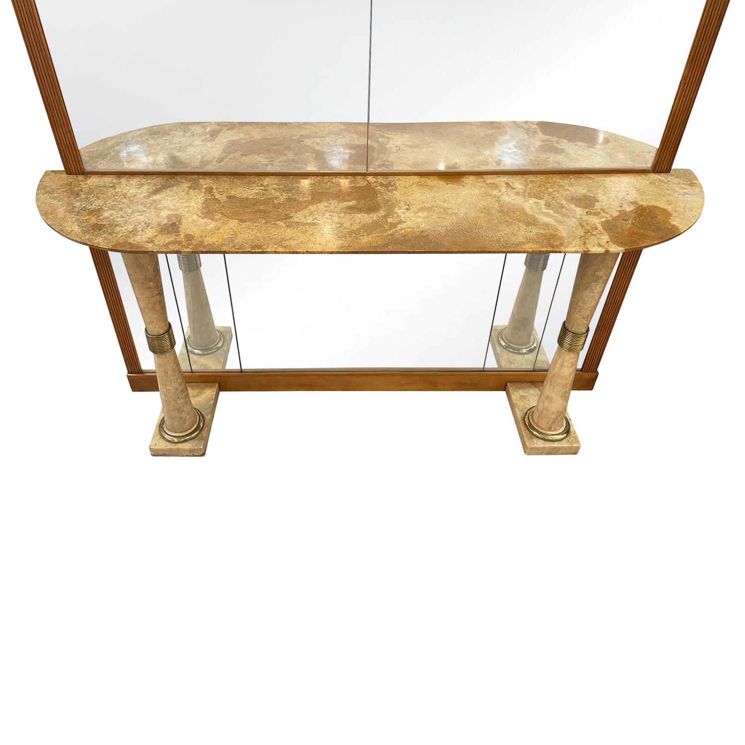 Metal 20th Century Italian Mid-Century Modern Marble Console Table & Glass Wall Mirror For Sale
