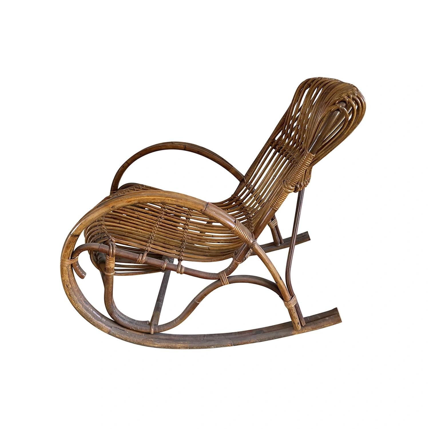 Mid-Century Modern 20th Century Italian Mid Century Rattan Rocking Chair - Vintage Lounge Chair For Sale