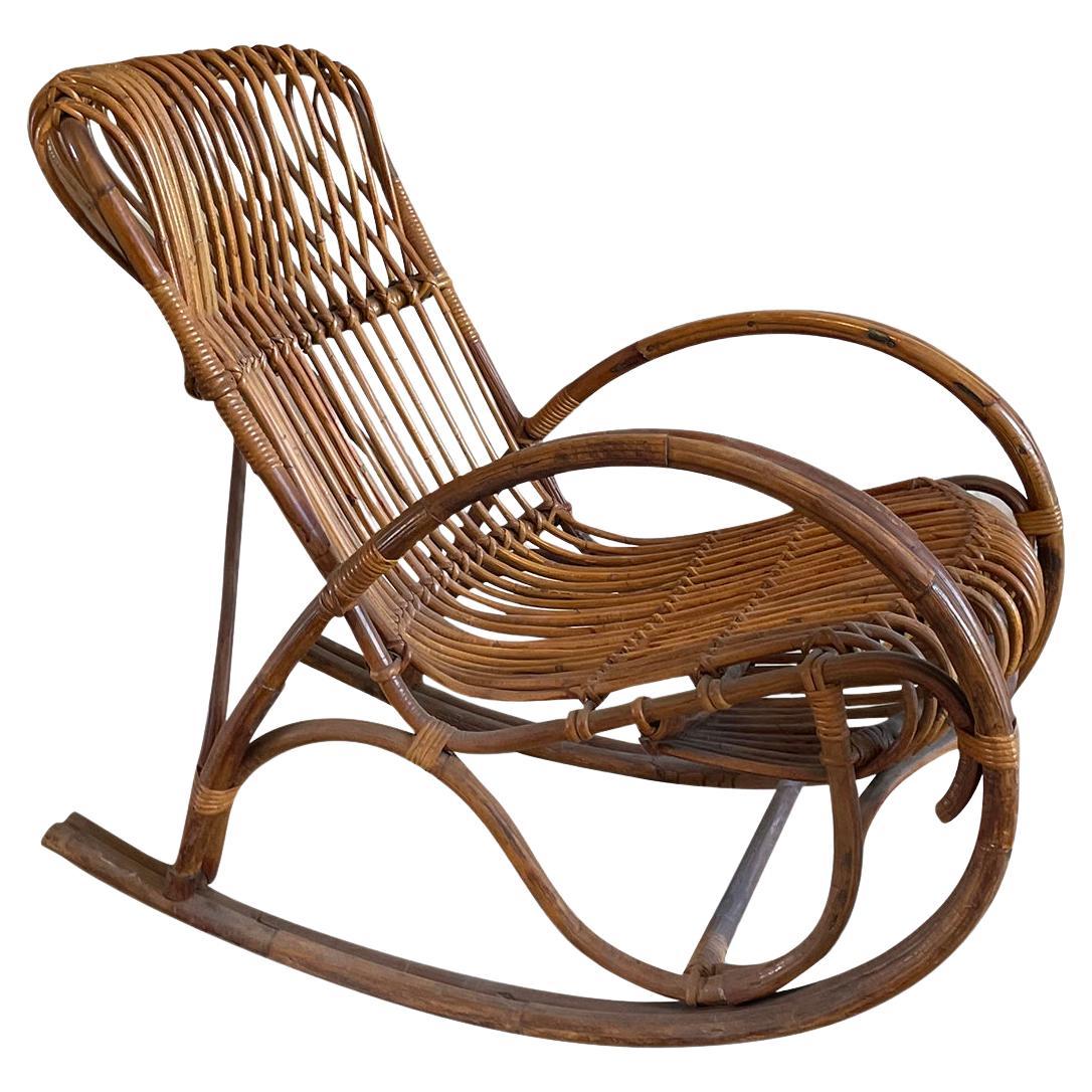 20th Century Italian Mid Century Rattan Rocking Chair - Vintage Lounge Chair For Sale