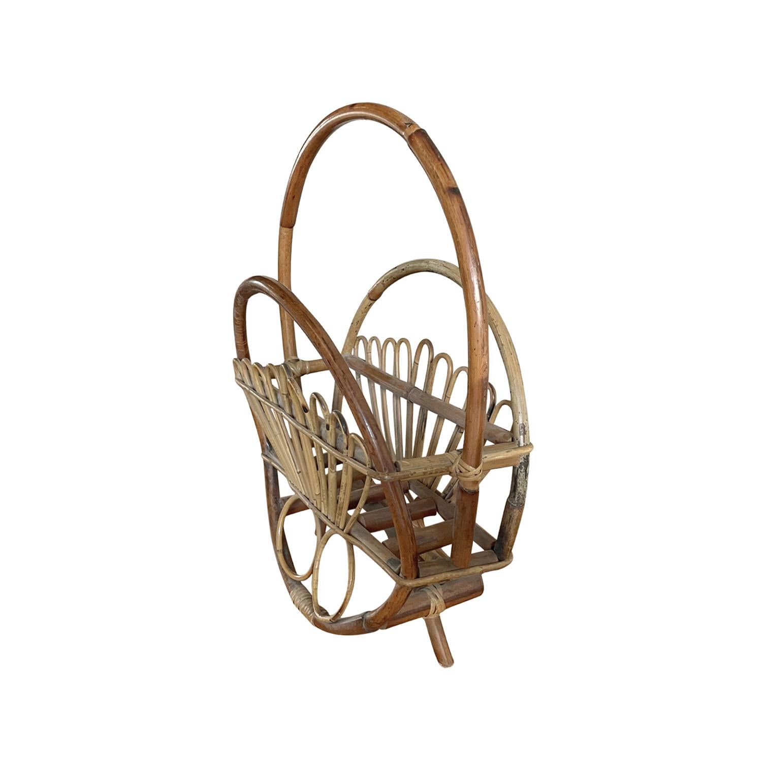 Mid-Century Modern 20th Century Italian Mid-Century Wicker Magazine Holder - Vintage Book Rack For Sale