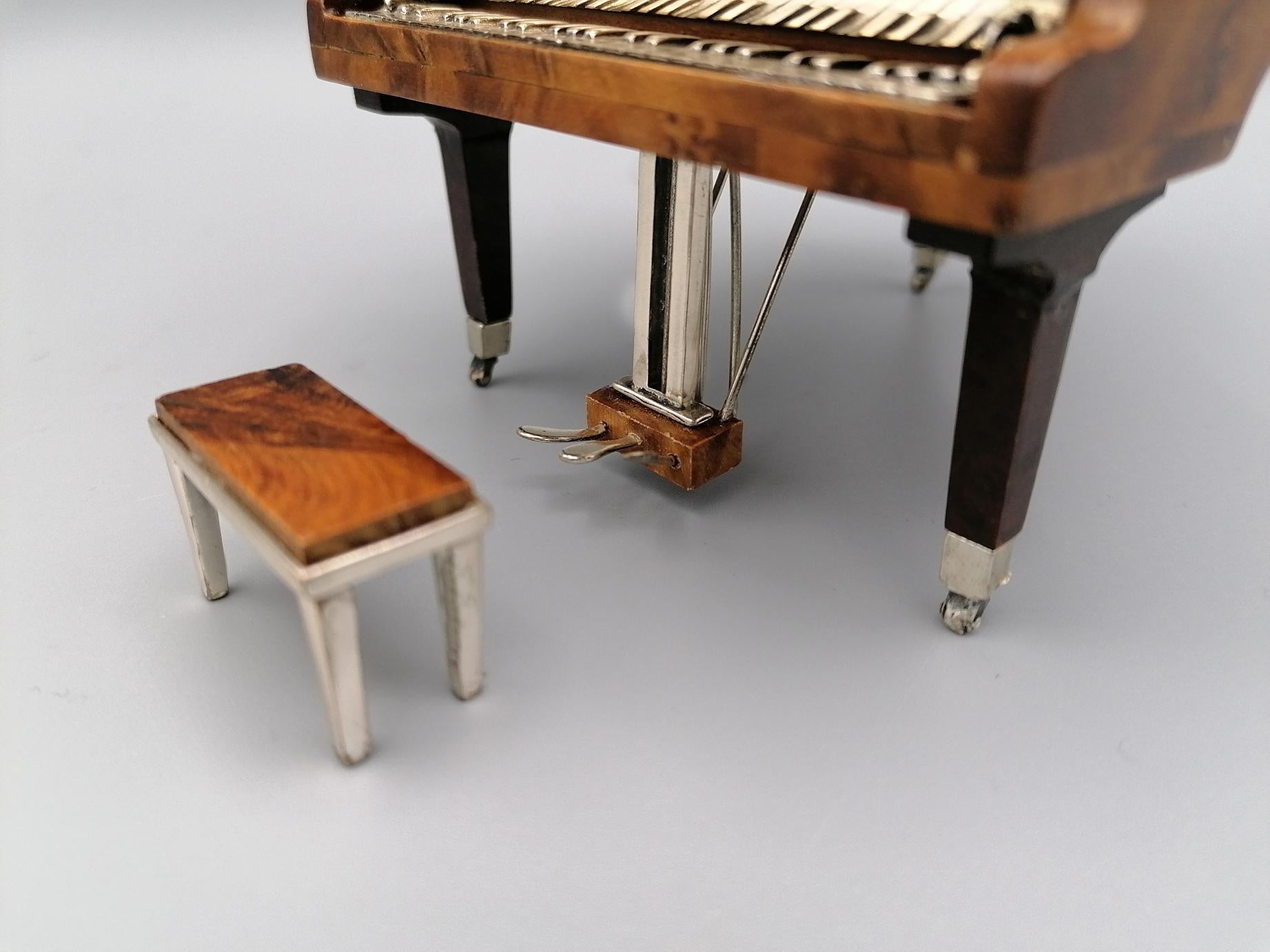 Hand-Carved 20th Century Italian Miniature Rosewood Grand Piano with Sterling Silver Details