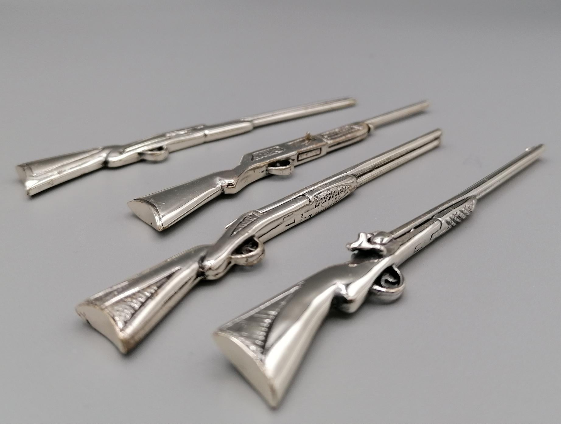 20th Century Italian Miniature Wooden Rack, 4 Hunting Rifles in Sterling Silver For Sale 3