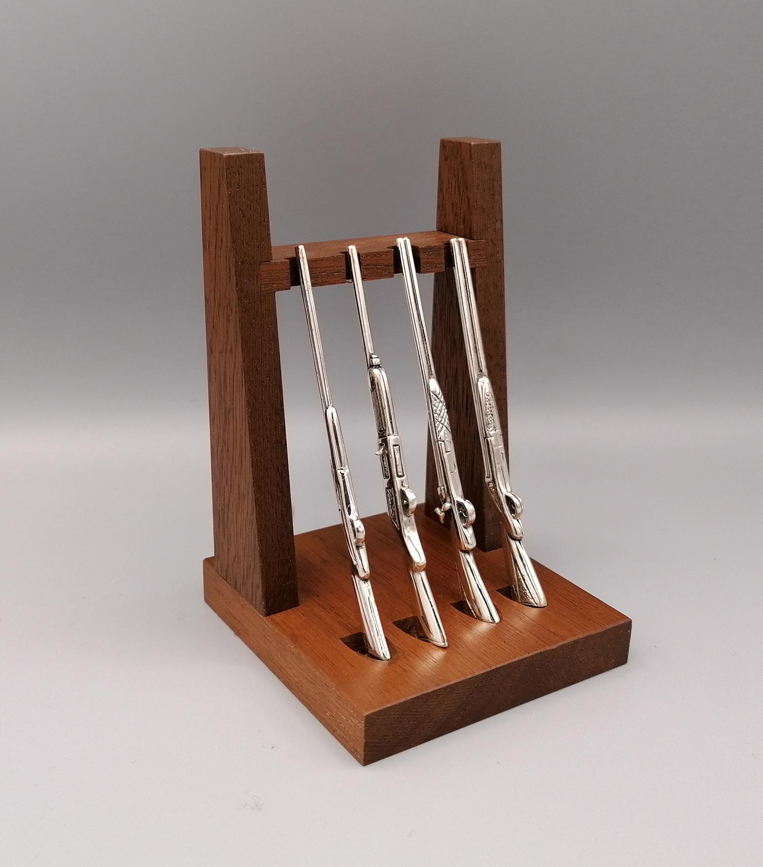 20th Century Italian Miniature Wooden Rack, 4 Hunting Rifles in Sterling Silver For Sale 6