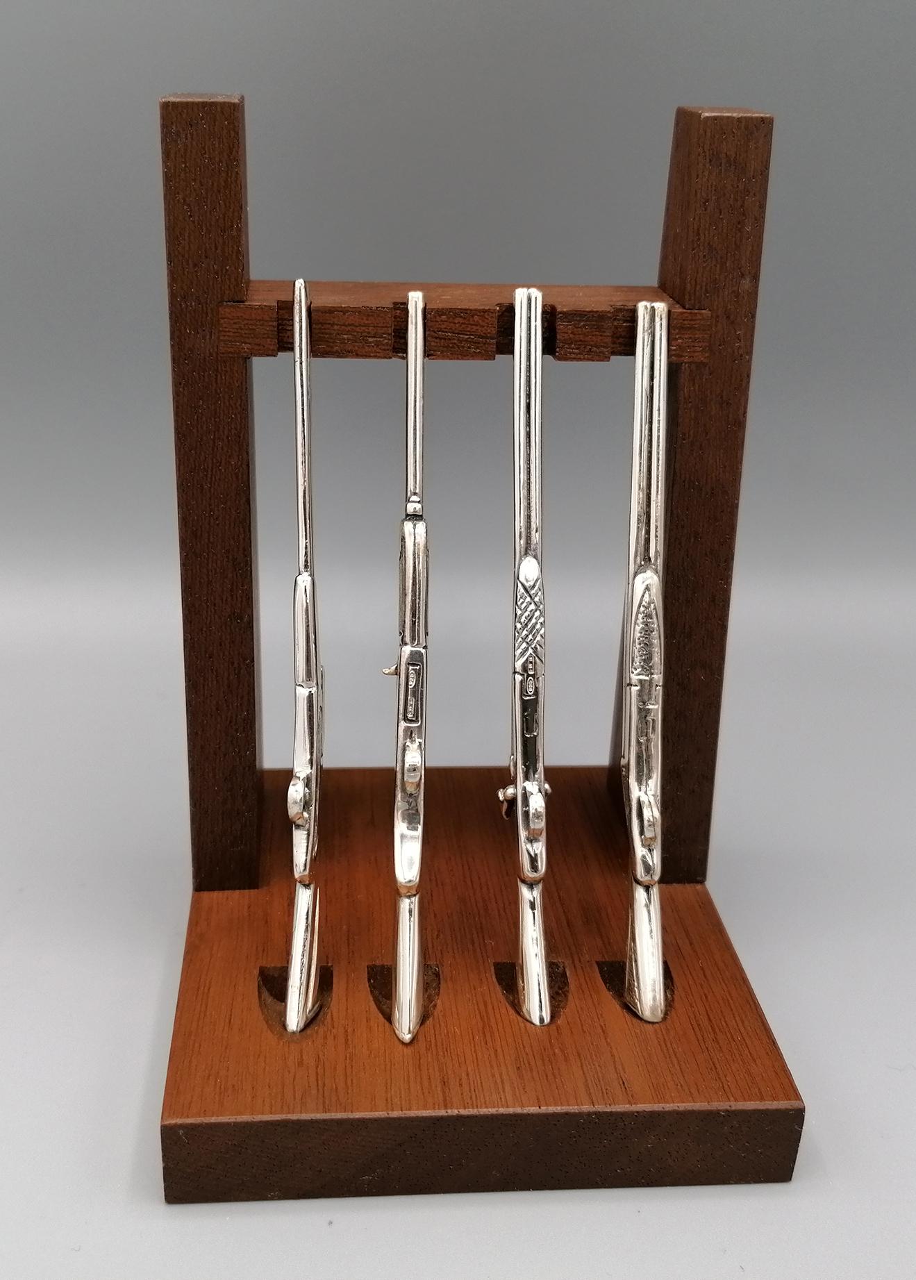 Other 20th Century Italian Miniature Wooden Rack, 4 Hunting Rifles in Sterling Silver For Sale