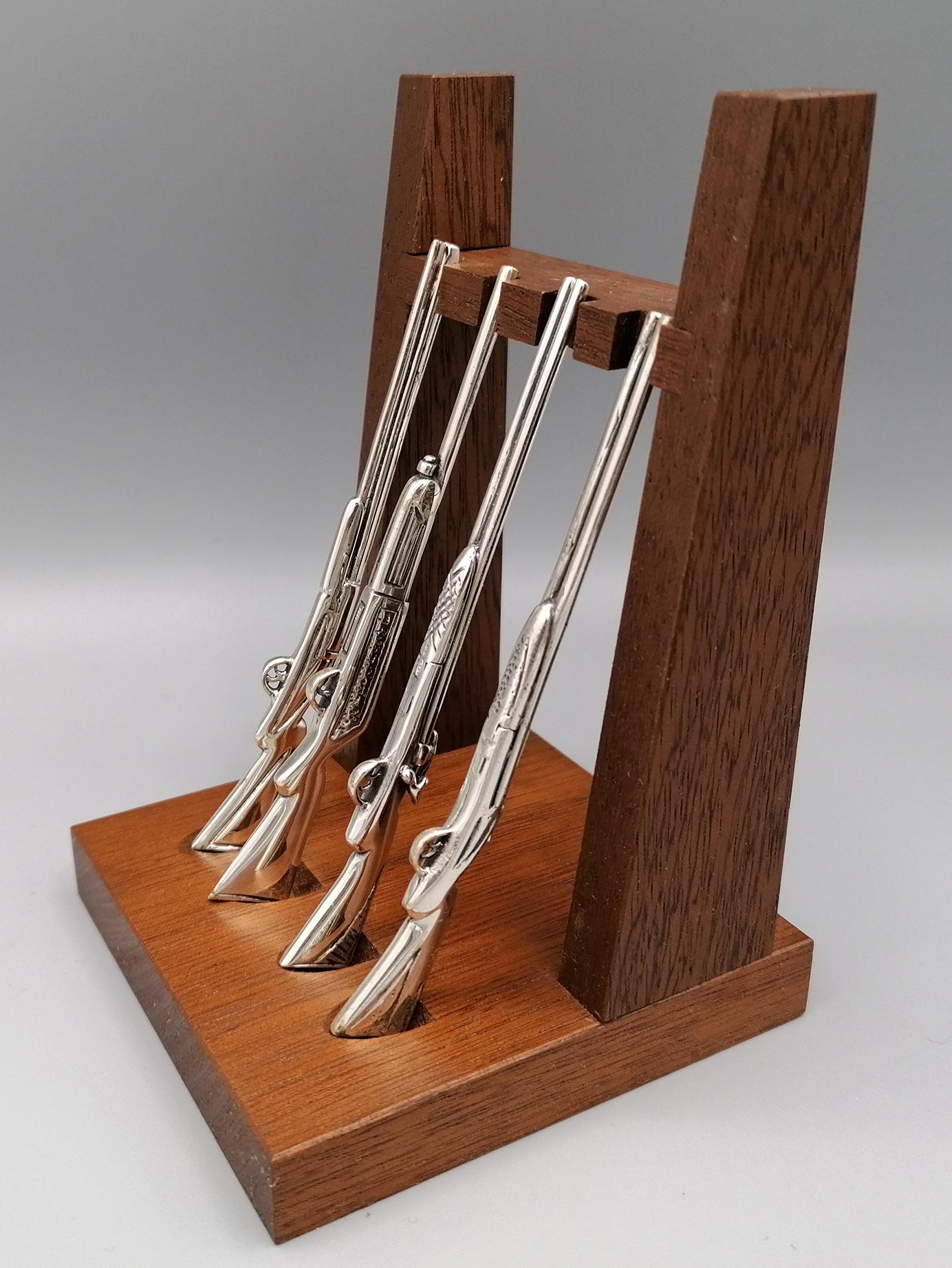 Cast 20th Century Italian Miniature Wooden Rack, 4 Hunting Rifles in Sterling Silver For Sale