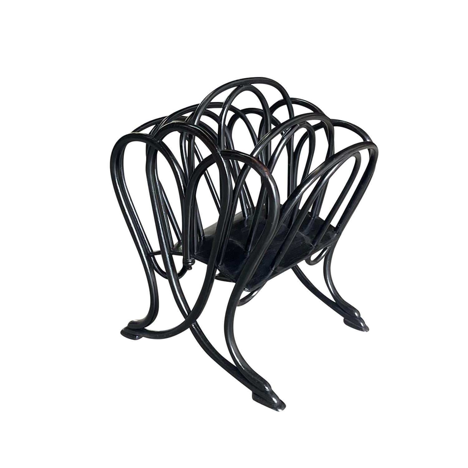 Mid-Century Modern 20th Century Italian Modern Bamboo Magazine Holder - Vintage Black Book Rack For Sale