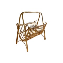 20th Century Italian Modern Bamboo Magazine Holder - Vintage Rattan Book Rack